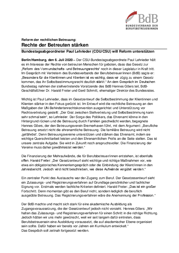 Reform: Rechte der Betreuten stärken | Bundestagsabgeordneter Paul Lehrieder (CDU/CSU) will Reform unterstützen