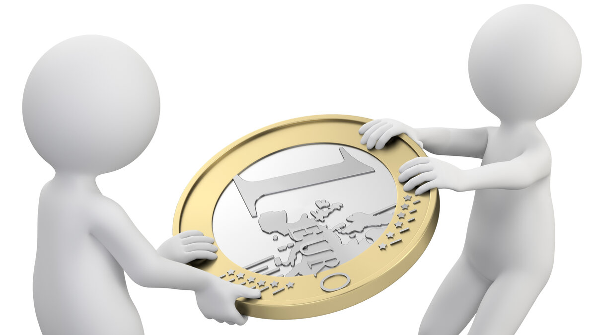 Auf diesem Bild sind zwei Figuren zu sehen, die jeweils an einem Eurostück ziehen