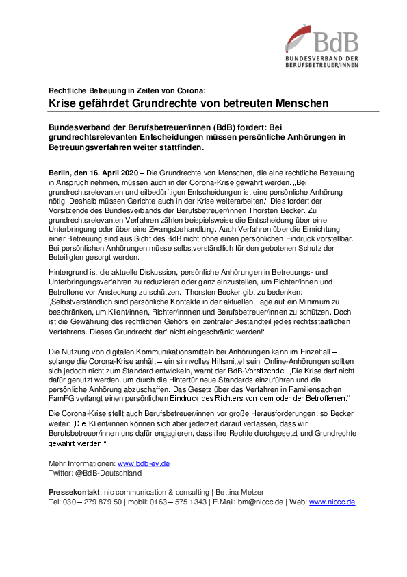 Rechtliche Betreuung in Zeiten von Corona: Krise gefährdet Grundrechte von betreuten Menschen