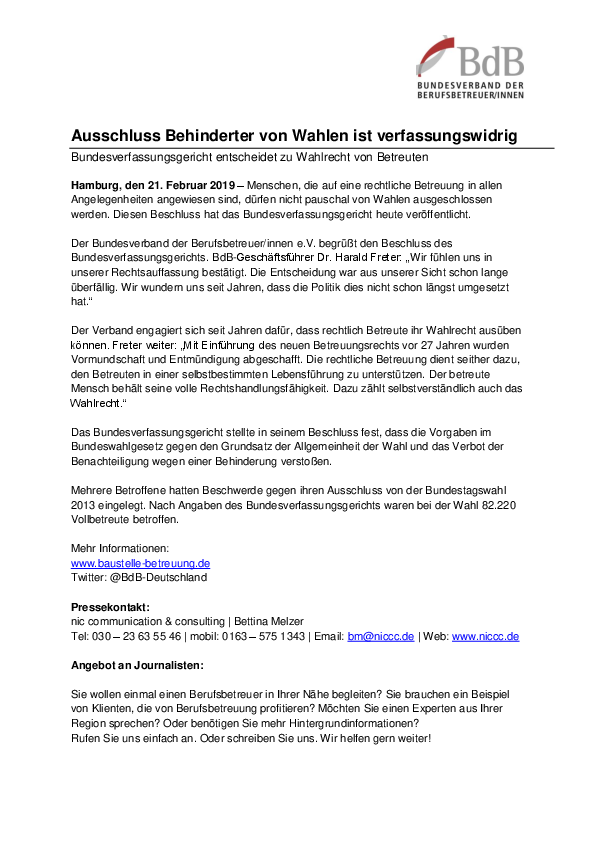 Ausschluss Behinderter von Wahlen ist verfassungswidrig | Bundesverfassungsgericht entscheidet zu Wahlrecht von Betreuten