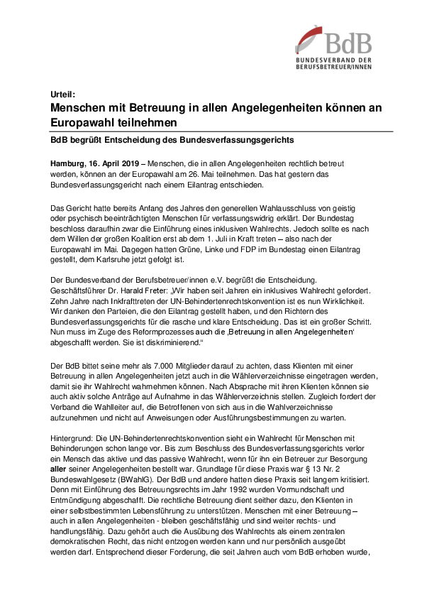 Urteil: Menschen mit Betreuung in allen Angelegenheiten können an Europawahl teilnehmen | BdB begrüßt Entscheidung des Bundesverfassungsgerichts