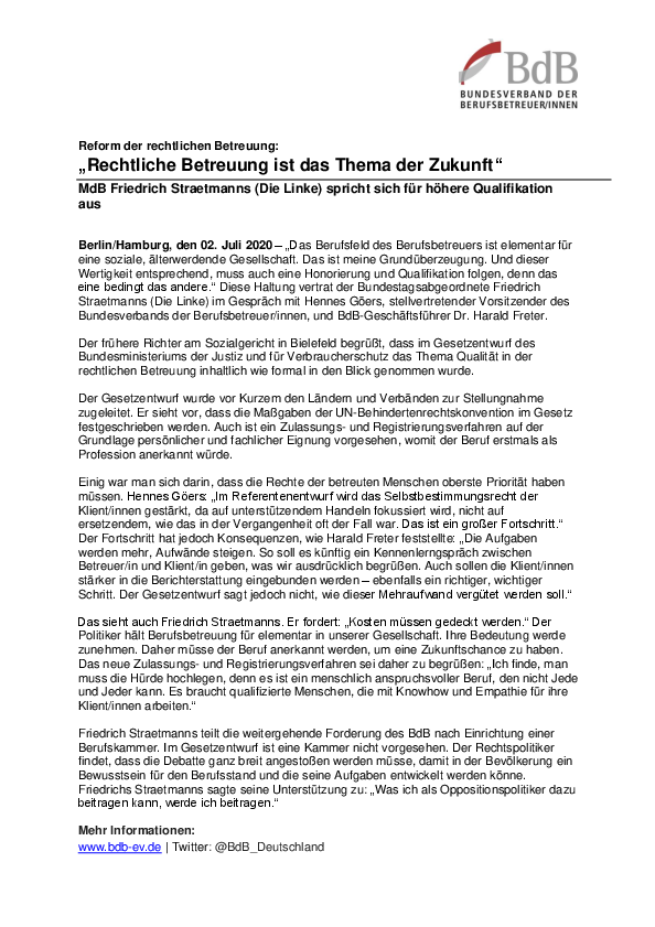 Reform: „Rechtliche Betreuung ist das Thema der Zukunft“ | MdB Friedrich Straetmanns (Die Linke) spricht sich für höhere Qualifikation aus